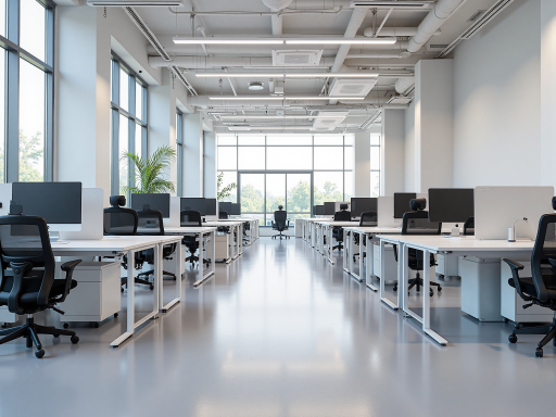 现代化开放式办公空间,白色办公桌椅,大屏幕显示器,明亮自然光线,体现科技公司氛围